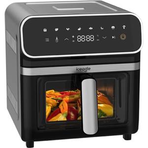 Iceagle Friggitrice ad Aria 6,7 Litri - 2200 W Air Fryer XL con doppio riscaldamento, Friggitrice con 8 programmi, finestra di visualizzazione, Touch screen LED, Nero