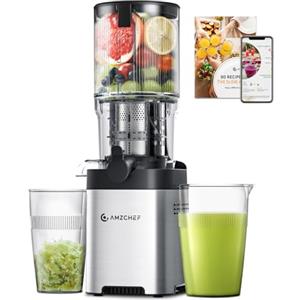 AMZCHEF Spremiagrumi - Slow Juicer con larghezza 126 mm e tubo di alimentazione più grande per verdure e frutta intere - Spremiagrumi facile da pulire con 2 bicchieri, argento