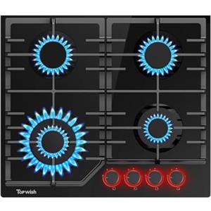TOPWISH Piano cottura a gas 60cm, piano cottura 4 fuochi gas, piano cottura vetro con Rossa manopole illuminate, NG/LPG convertibile, protezione della termocoppia, 8000 Watt