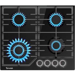TOPWISH Piano cottura a gas 60cm, piano cottura 4 fuochi gas, piano cottura vetro con Bianco manopole illuminate, NG/LPG convertibile, protezione della termocoppia, 8000 Watt