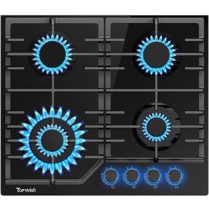 TOPWISH Piano cottura a gas 60cm, piano cottura 4 fuochi gas, piano cottura vetro con Blu manopole illuminate, NG/LPG convertibile, protezione della termocoppia, 8000 Watt