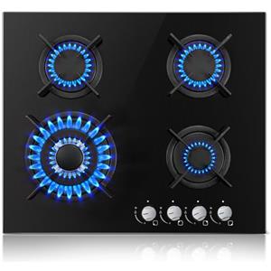 TopStrong Piano Cottura 4 Fuochi Gas, Piano Cottura Vetro Incasso, Protezione Flame-Out, 8060W, Griglie in Ghisa, Nero, 220-240V