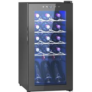 HOMCOM Cantinetta Vino Refrigerata 15 Bottiglie 44L Cantina Vino Monotemperatura 5-18℃ Cantina Vino Bar con Vetro Anti UV, Compressore, Ripiani Regolabile, Display Touch, Luci LED, Classe G, Nero