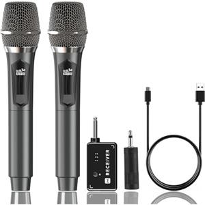 MAILANGSHI Microfono Wireless, sistema di microfono cordless portatile doppio in metallo ricevitore ricaricabile, durata 50ore, portata 200 piedi, microfoni per karaoke per canto karaoke (Grigio)