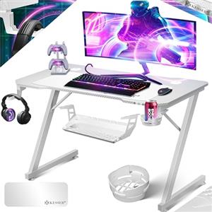 KESSER® Scrivania da Gioco 100 x 60 cm, Scrivania a forma di Z, Gancio per Cuffie e Rivestimento in Carbonio, Scrivania Ergonomica per PC, con Portabicchieri, Bianco Carbon