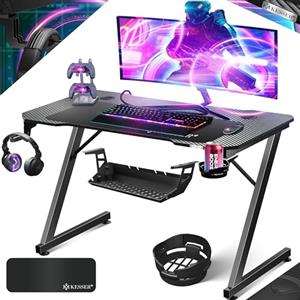 KESSER® Scrivania da Gioco 100 x 60 cm, Scrivania a forma di Z, Gancio per Cuffie e Rivestimento in Carbonio, Scrivania Ergonomica per PC, con Portabicchieri, Nero Carbon