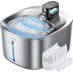 FEELNEEDY Fontanella per Gatti Senza Fili Acciaio A Batteria Con Sensore Di Movimento, FEELNEEDY 4 Litri Fontana d'Acqua Fresca Senza Corrente, Silenziosa, 4000mah, Con 6 Filtri e 12 Spugne