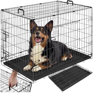 tectake® Trasportino Cane Auto, Box per Cani Spazioso, Trasportino Cani con Griglia in Acciaio, Pieghevole, Trasportino per Cani Auto con 2 Porte, Doppia Chiusura, Vasca Rimovibile - 91,5x59,5x64cm