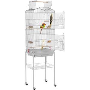 Yaheetech Gabbia Voliera per Uccelli Pappagalli Inseparabili Calopsite Parrochetti in Metallo con Piedistallo Ruote e Tetto Apribile 46 x 35,3 x 150,6 cm Grigio Chiaro