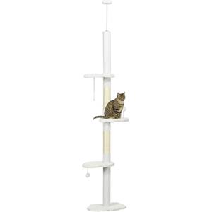 PawHut Albero Tiragraffi a Soffitto con Altezza Regolabile, Torre per Gatti Multilivello con Pali Tiragraffi in Corda di Cotone, 48x32x225-255 cm, Bianco