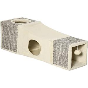 PawHut Tunnel per Gatti Pieghevole con Casette e Tiragraffi, Tunnel Gioco per Gatti, Cuccioli e Animali Domestici, Giocattoli con Pallina in Peluche e Sisal, Interno e Esterno, Crema