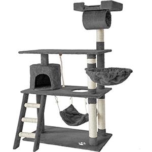 tectake® Tiragraffi per Gatti, Multifunzionale, Tiragraffi Gatto con Amaca, Albero per Gatti con Piattaforme Elevate e Colonne in Sisal, Albero Gatti Ideale per Gioco e Relax - Grigio