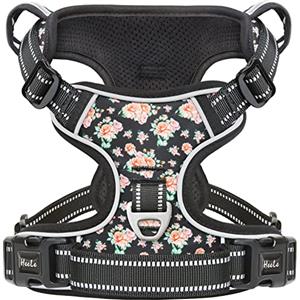 HEELE Pettorina Cane Taglia Piccola con Motivo Stampato, Riflettente Pettorina Addestramento Cani Anti Tiro con 2 Ganci in Metallo + Maniglia, Gilet per Cani Regolabile, Fiori-Nero, XS