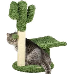 PawHut Albero per Gatti a forma di Cactus con Tiragraffi, Pallina da Gioco e Piattaforma, Torre per Gatti in Truciolato e Ciniglia, 35x31x55.5 cm, Verde e Bianco