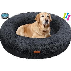 Lovpet® Letto per Cani e Gatti Bagel Ø 80 cm - (XXL), Lavabile, incl. Ciotola + 3X Ossi da Masticare, Divano per Cani in Peluche per Cani di Piccola, Media e Grande Taglia, Gatti - Antracite