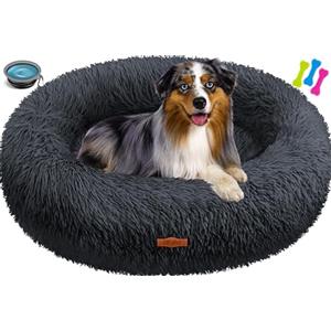 Lovpet® Letto per Cani e Gatti Bagel Ø 70 cm - (XL), Lavabile, incl. Ciotola + 3X Ossi da Masticare, Divano per Cani in Peluche per Cani di Piccola, Media e Grande Taglia, Gatti - Antracite