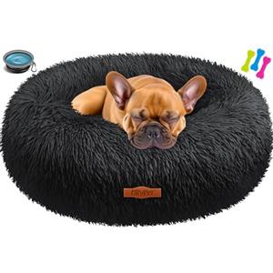 Lovpet® Letto per Cani e Gatti Bagel Ø 60 cm - (L), Lavabile, incl. Ciotola + 3X Ossi da Masticare, Divano per Cani in Peluche per Cani di piccola, Media e Grande Taglia, Gatti - Nero