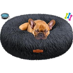 Lovpet® Letto per Cani e Gatti Bagel Ø 60 cm - (L), Lavabile, incl. Ciotola + 3X Ossi da Masticare, Divano per Cani in Peluche per Cani di piccola, Media e Grande Taglia, Gatti - Antracite