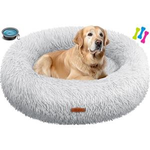 Lovpet® Letto per Cani e Gatti Bagel Ø 80 cm - (XXL), Lavabile, incl. Ciotola + 3X Ossi da Masticare, Divano per Cani in Peluche per Cani di piccola, Media e Grande Taglia, Gatti - Grigio Chiaro