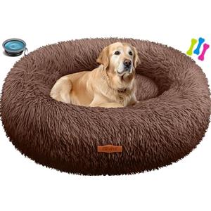 Lovpet® Letto per Cani e Gatti Bagel Ø 80 cm - (XXL), Lavabile, incl. Ciotola + 3X Ossi da Masticare, Divano per Cani in Peluche per Cani di Piccola, Media e Grande Taglia, Gatti - Marrone