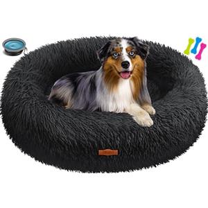 Lovpet® Letto per Cani e Gatti Bagel Ø 70 cm - (XL), Lavabile, incl. Ciotola + 3X Ossi da Masticare, Divano per Cani in Peluche per Cani di piccola, Media e Grande Taglia, Gatti - Nero