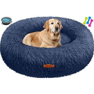 Lovpet® Letto per Cani e Gatti Bagel Ø 80 cm - (XXL), Lavabile, incl. Ciotola + 3X Ossi da Masticare, Divano in Peluche per Cani di Piccola, Media e Grande Taglia, Gatti - Blu Marino