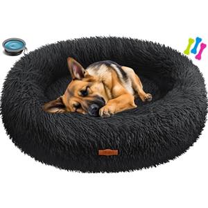 Lovpet® Letto per Cani e Gatti Bagel Ø 100 cm - (3XL), Lavabile, incl. Ciotola + 3X Ossi da Masticare, Divano per Cani in Peluche per Cani di Piccola, Media e Grande Taglia, Gatti - Nero
