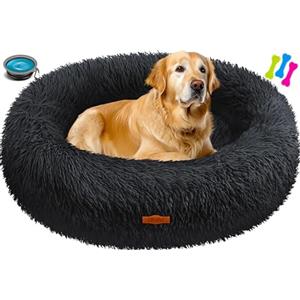 Lovpet® Letto per Cani e Gatti Bagel Ø 80 cm - (XXL), Lavabile, incl. Ciotola + 3X Ossi da Masticare, Divano in Peluche per Cani di Piccola, Media e Grande Taglia, Gatti - Nero