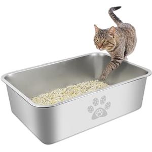 PTLOM Lettiera per gatti in acciaio inossidabile, grande lettiera in metallo per gatti, antispruzzo, inodore e antiaderente, adatta per gatti grandi e piccoli, conigli,50x35x15cm
