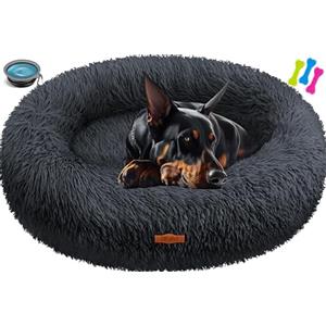 Lovpet® Letto per Cani e Gatti Bagel Ø 120 cm - (4XL), Lavabile, incl. Ciotola + 3X Ossi da Masticare, Divano per Cani in Peluche per Cani di piccola, Media e Grande Taglia, Gatti - Antracite