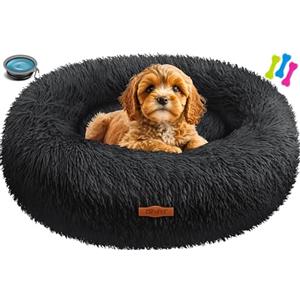Lovpet® Letto per Cani e Gatti Bagel Ø 50 cm - (M), Lavabile, incl. Ciotola + 3X Ossi da Masticare, Divano in Peluche per Cani di Piccola, Media e Grande Taglia, Gatti - Nero