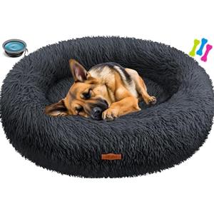 Lovpet® Letto per Cani e Gatti Bagel Ø 100 cm - (3XL), Lavabile, incl. Ciotola + 3X Ossi da Masticare, Divano per Cani in Peluche per Cani di Piccola, Media e Grande Taglia, Gatti - Antracite