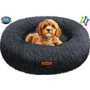 Lovpet® Letto per Cani e Gatti Bagel Ø 50 cm - (M), Lavabile, incl. Ciotola + 3X Ossi da Masticare, Divano per Cani in Peluche per Cani di piccola, Media e Grande Taglia, Gatti - Antracite