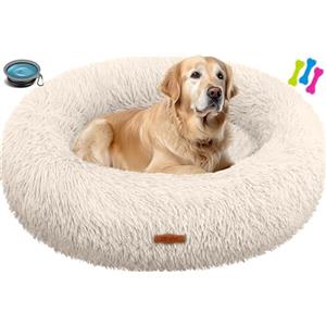 Lovpet® Letto per Cani e Gatti Bagel Ø 80 cm (XXL) - Lavabile, Incl. Ciotola + 3X Ossi da Masticare, Divano in Peluche per Cani di Piccola, Media e Grande Taglia, Gatti - Beige