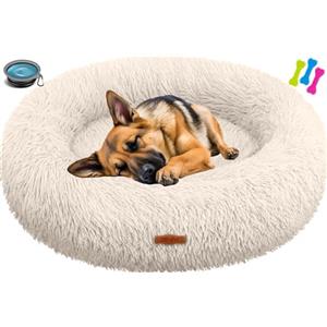 Lovpet® Letto per Cani e Gatti Bagel Ø 100 cm - (3XL), Lavabile, incl. Ciotola + 3X Ossi da Masticare, Divano in Peluche per Cani di Piccola, Media e Grande Taglia, Gatti - Beige