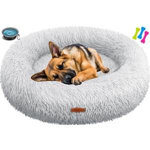 Lovpet® Letto per Cani e Gatti Bagel Ø 100 cm - (3XL), Lavabile, incl. Ciotola + 3X Ossi da Masticare, Divano per Cani in Peluche per Cani di piccola, Media e Grande Taglia, Gatti - Grigio Chiaro