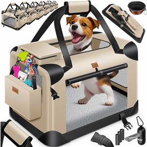 LOVPET® Trasportino per Cani - Box per Cani Pieghevole incl. Borsa per Il Trasporto e Ciotola - Cani e Gatti - casetta per Il Trasporto di Animali Domestici, Beige, XXXL