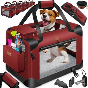 LOVPET® Trasportino per Cani - Box per Cani Pieghevole incl. Borsa per Il Trasporto e Ciotola - Cani e Gatti - casetta per Il Trasporto di Animali Domestici, Bordeaux/Rot, XXL