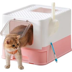 Feandrea Lettiera per Gatti Nascosta, Casetta per Lettiera, Vassoio Estraibile, Paletta, Spazzola, Ampio per Gatti Grandi, Portata 15 kg, Antipertita, Bianco e Rosa Gelatina PPT001P01