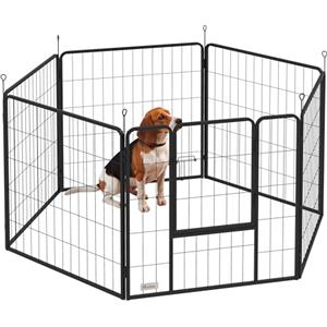 PawHut Recinto per Cani di Media a 6 Pannelli Modulabili da 80x1.5x80 cm, Box per Cani e Cuccioli Pieghevole con Porta in Acciaio con 6 Picchetti, Nero