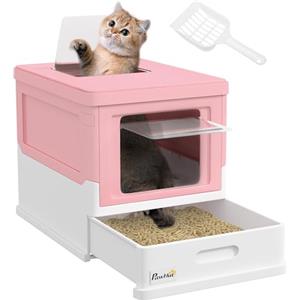 PawHut Lettiera Coperta per Gatti in PP con Paletta Inclusa, Design Pieghevole, Lettiera Chiusa Cassetta per Gatto con Vassoio Estraibile e 2 Porte, 47.5x35.5x36.7 cm, Rosa e Bianco