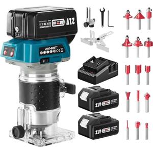 Avhrit Fresatrice per bordi a batteria con batteria da 4,0Ah, fresa portatile senza spazzole da 21V per la lavorazione del legno, taglierina per legno a batteria con set di frese da 15 pezzi da 1/4
