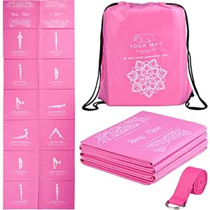 RUILIXIN Tappetino Yoga Pieghevole Portatile per Le Donne, Tappetino di Esercizio Antiscivolo Per La Palestra Domestica, Spesso 5mm Set Di Yoga Da Viaggio Con Elastico Per Yoga Pilates e Fitness, 173x61cm