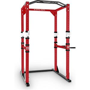 Capital Sports Tremendour - Power Rack Multifunzione, Sbarra per Trazioni Multigrip, 2x Safety Spotter, 4x Ganci J Regolabili, Peso Max Utente: 120Kg, Portata Max: 300Kg, Rosso