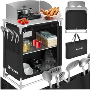 TecTake® Cucina da Campeggio, Mobile da Campeggio con Piano di Lavoro e Ripiani Portaoggetti, Cucina da Esterno Idonea per Fornello a Gas, Borsa per Trasporto Inclusa, 76x53,5x107cm - Nero