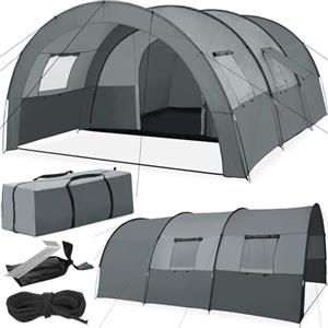tectake® Tenda Campeggio per 6 Persone, Tenda Tunnel Stabile e Resistente, 4 Finestre con Zanzariere, Protezione UV, Rivestimento Idrorepellente, Borsa per Trasporto - Grigio Chiaro/Grigio Scuro