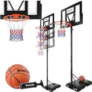 tectake® Canestro da Basket Esterno, Struttura Resistente alle Intemperie con Rotelle, Base Riempibile, Incluso Pallone Basket e Pompa di Gonfiaggio, Altezza Regolabile 230-305 cm - Nero