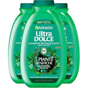 Garnier Ultra Dolce Shampoo Rivitalizzante per Tutti i Tipi di Capelli con 5 Piante Benefiche Ortica Verbena Limone Tè Verde Aloe Vera Detergente Idratante 94% di Origine Naturale - 3 Flaconi da 400ml