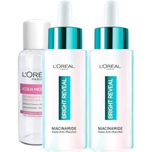 L'OREAL PARIS L'Oréal Paris Bright Reveal Siero Viso Anti-Macchie Uniformante Levigante Illuminante Formula Delicata Contro Imperfezioni per Pelli Sensibili - 2 Flaconi da 30ml + Acqua Micellare 30ml