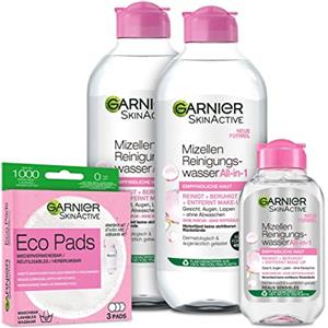 Garnier SkinActive, set micellare, 2 x 400 ml + 1 x mini 125 ml, detergente Mizellar, riutilizzabile, Eco Pads per la pulizia del viso per pelli normali e sensibili